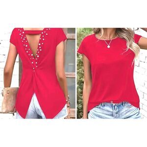 Casual Red Blouse with Pearl Embellishments on Back XL